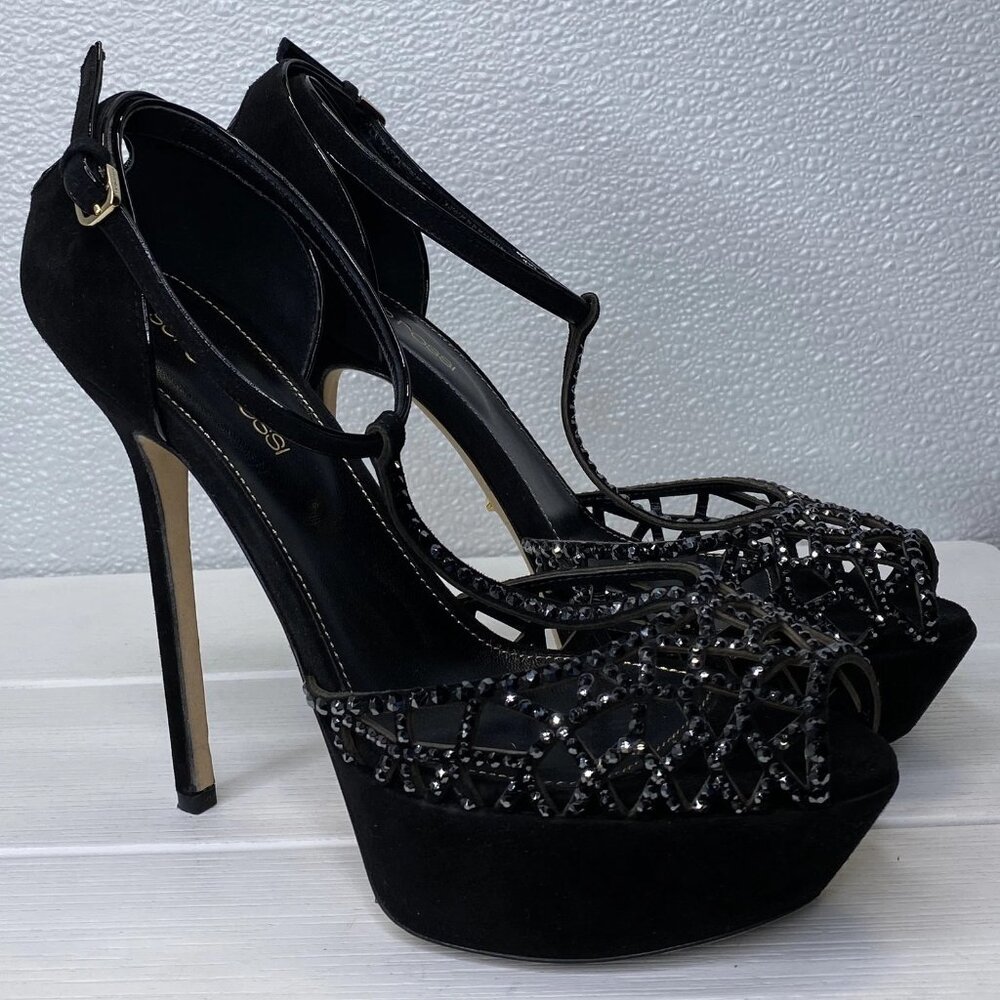 Sergio Rossi Black Suede Rhinestone Platform Heels